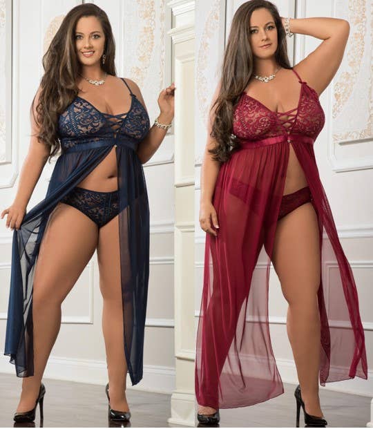 PLUS SIZE-2pc Empire Waist Laced Sheer Long Dress & Panty
